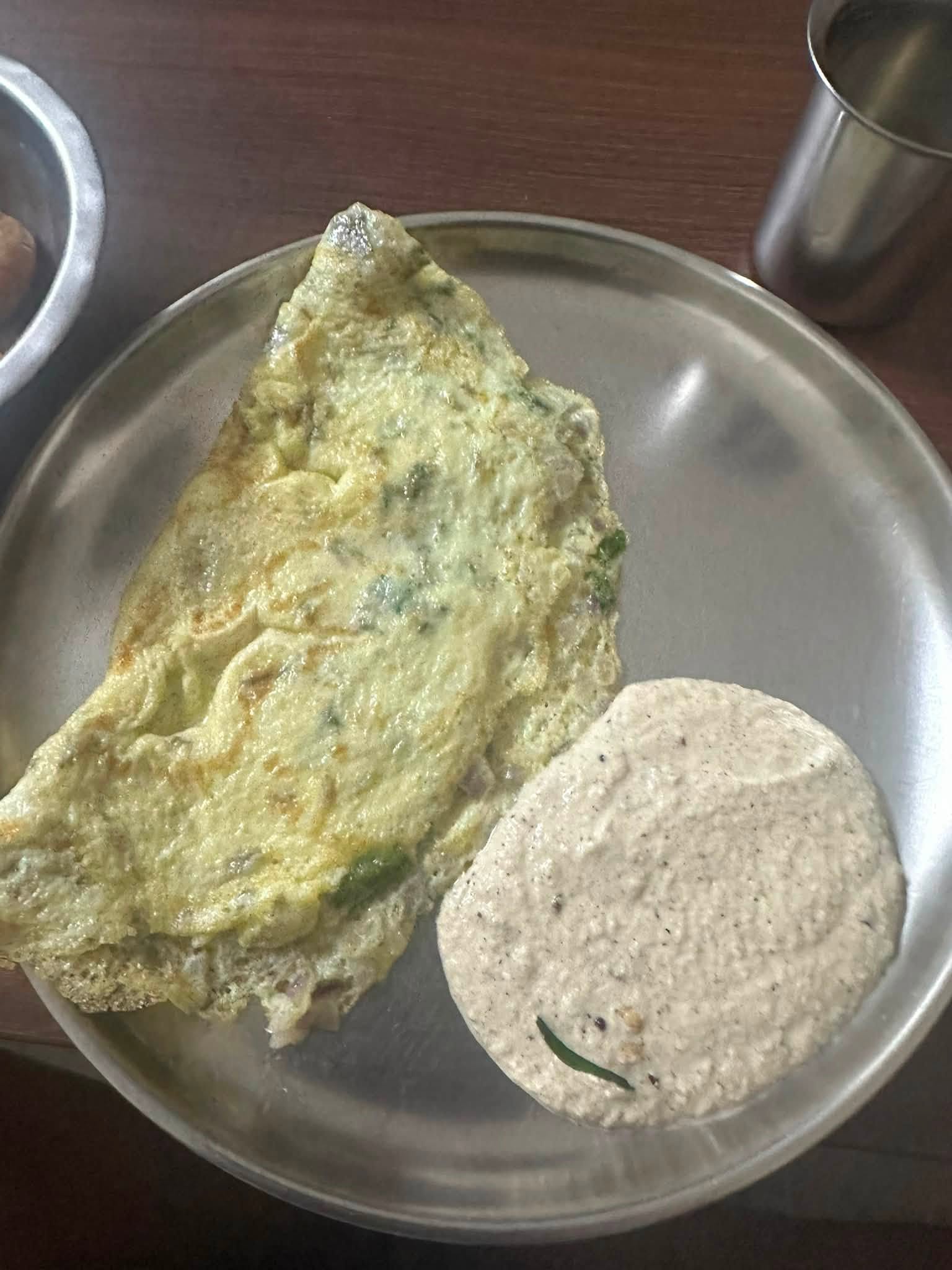 My Breakfast ready !( Omlette with peanut chutney- Soaked walnuts Pistachios Almonds - Pears - Gondh water )
