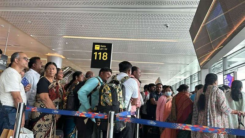 Passengers are holding each other at the boarding gate